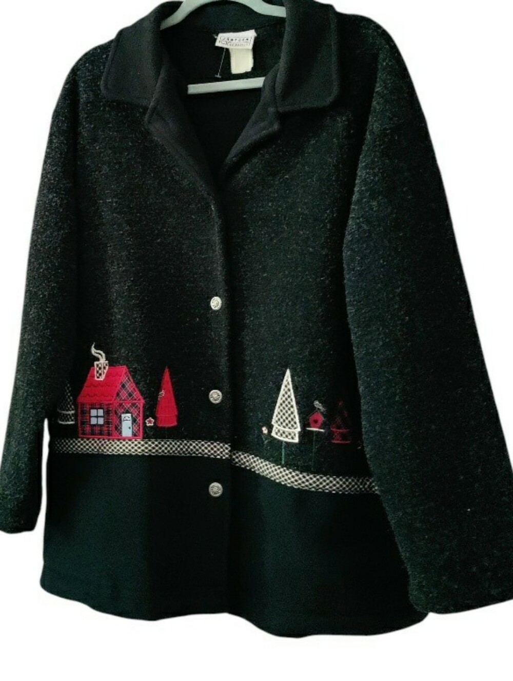 Vintage Jantzen Classics Fleece Button Front Embroidered Holiday Sweater Novelty